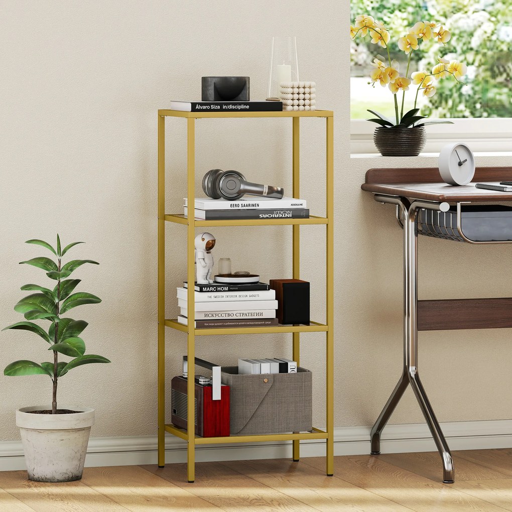 HOMCOM Unitate de Rafturi cu 4 Nivele, Raft de Sticlă, Raft de Stocare Vertical pentru Sufragerie, Birou Acasă, Dormitor, Baie, Tonuri de Aur | Aosom Romania