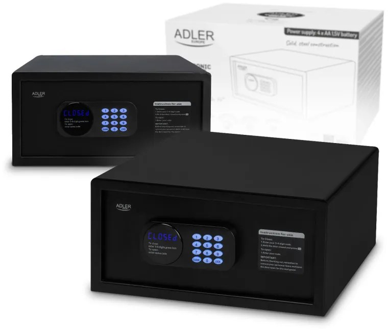 Seif electronic Adler AD 1045, 200x420x370 mm, 14 l, Blocare după 4 încercări greșite, Avertizare baterie descărcată, Negru