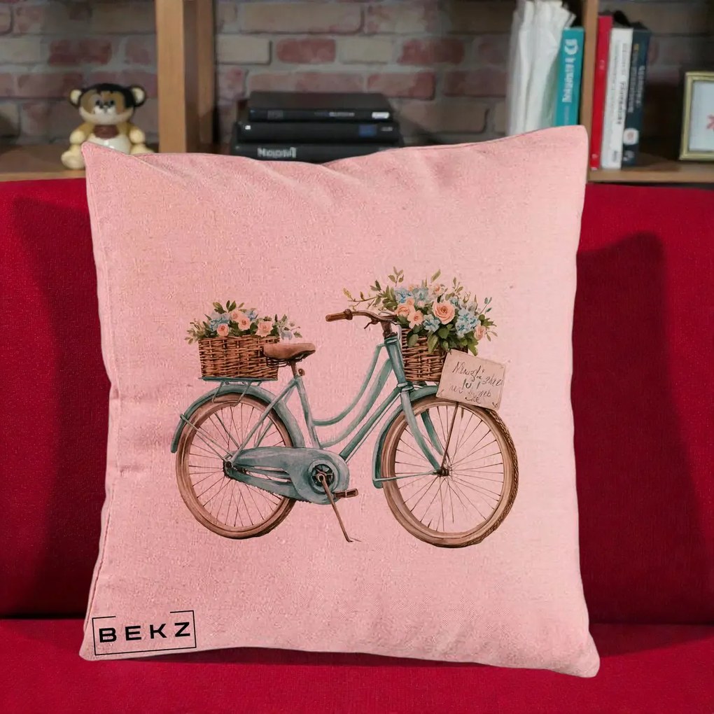 Perna decorativa Bicicleta Teal cu Cosuri Duble de Flori Vintage, 40x40 cm cu Umplutura, Roz, BEKZ