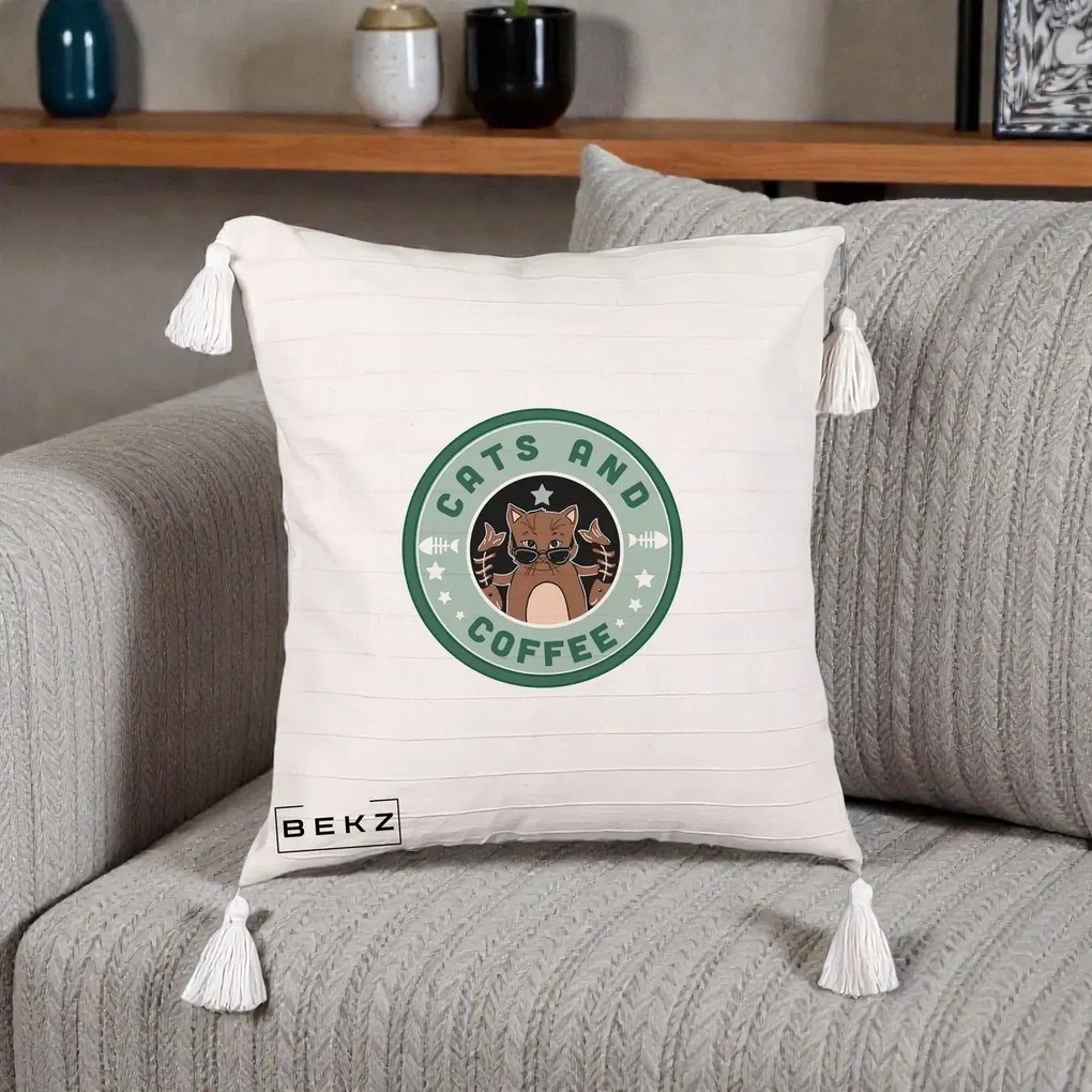 Perna Personalizata Cats and Coffee Starbucks, 40x40 cm, Bej cu Franjuri, Husa Detasabila, Perna Inclusa, BEKZ®