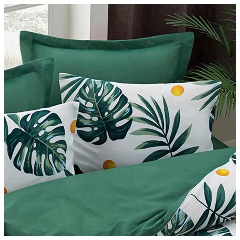 Set lenjerie de pat EnLora Home 162ELR9362, 2 persoane, 4 piese, 65% bumbac - 35% poliester,Plic 200x220 cm, Cearceaf 220x240 cm, 2 fete de perna, Verde/Alb