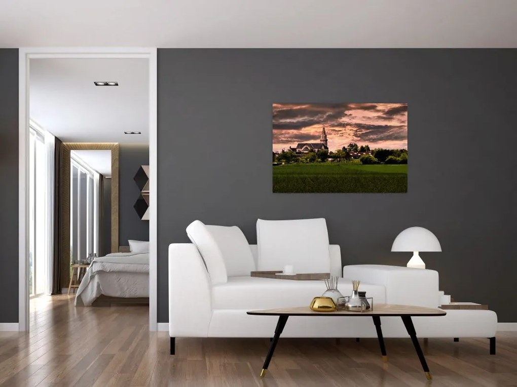 Tablou cu peisaj și biserică (90x60 cm)