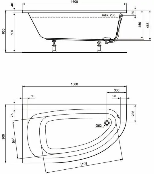 Cada asimetrica Ideal Standard Hotline stanga 160x90 cm