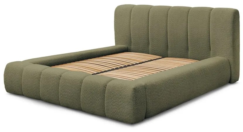 Pat matrimonial verde tapițat cu spațiu de depozitare cu somieră 160x200 cm Denali – Bobochic Paris