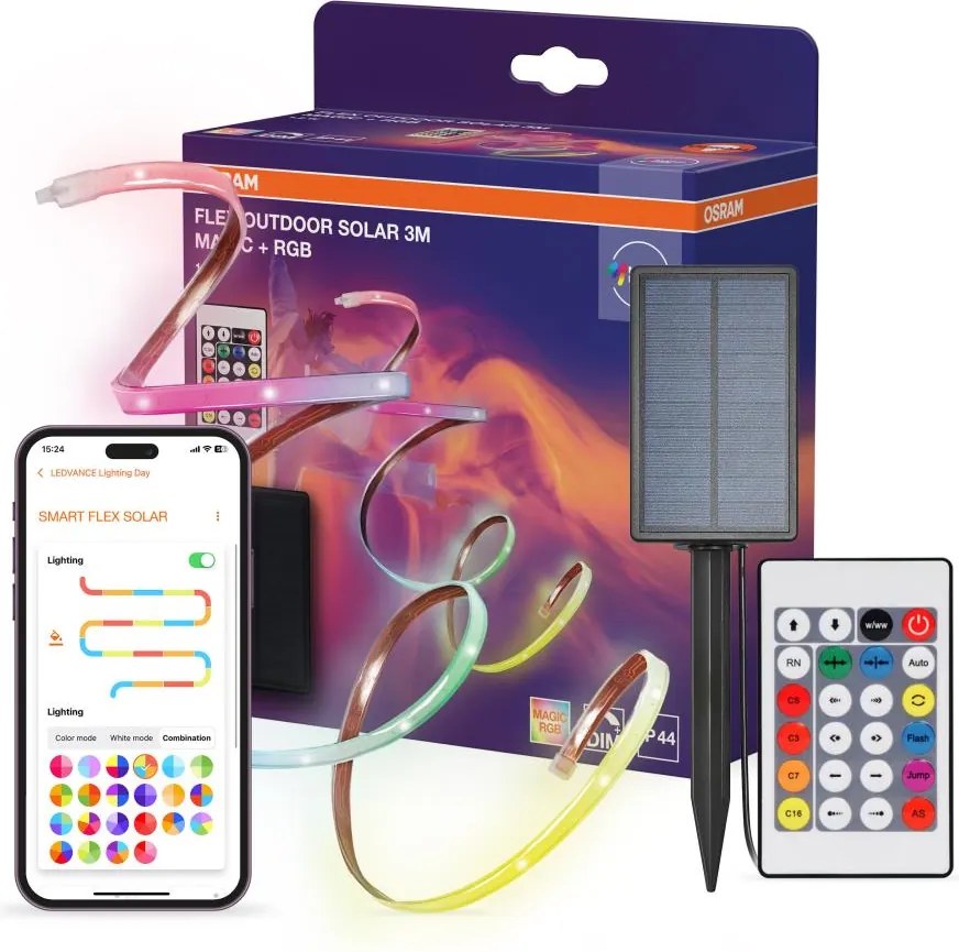 Osram - bandă solară LED RGB reglabilă FLEX MAGIC 3m LED/1,2W/3,7V 2000 mAh IP44 + cu telecomandă