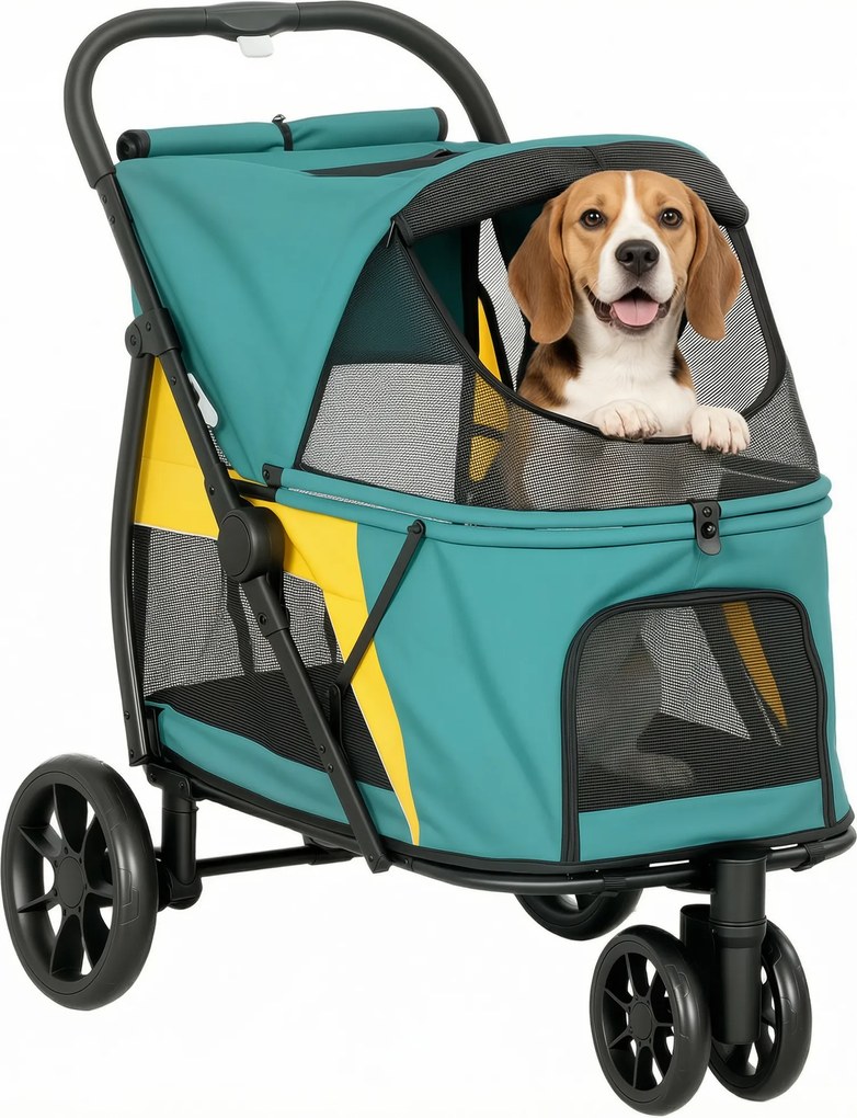 PawHut Cărucior pentru câini pliabil Cărucior pentru câini până la 20 kg cu pernă, ferestre din plasă, buzunar spate, 92 x 63 x 95 cm Verde închis | Aosom Romania
