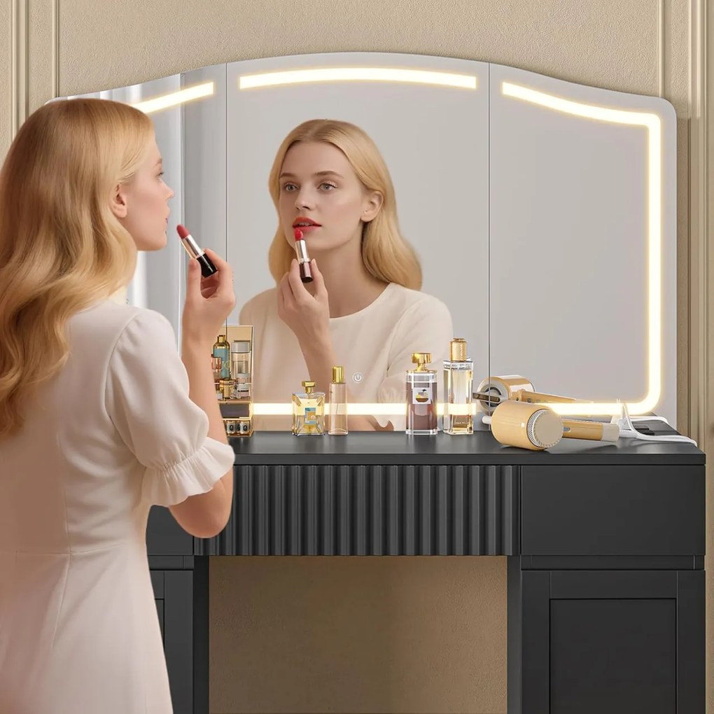 SEA816 - Set Masa toaleta 105 cm, cosmetica, machiaj, oglinda cu LED, masuta vanity, make-up - Alb / Negru