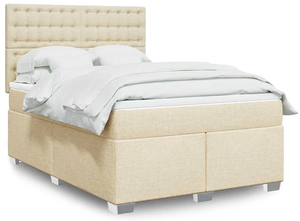 vidaXL Pat box spring cu saltea, crem, 140x200 cm, textil