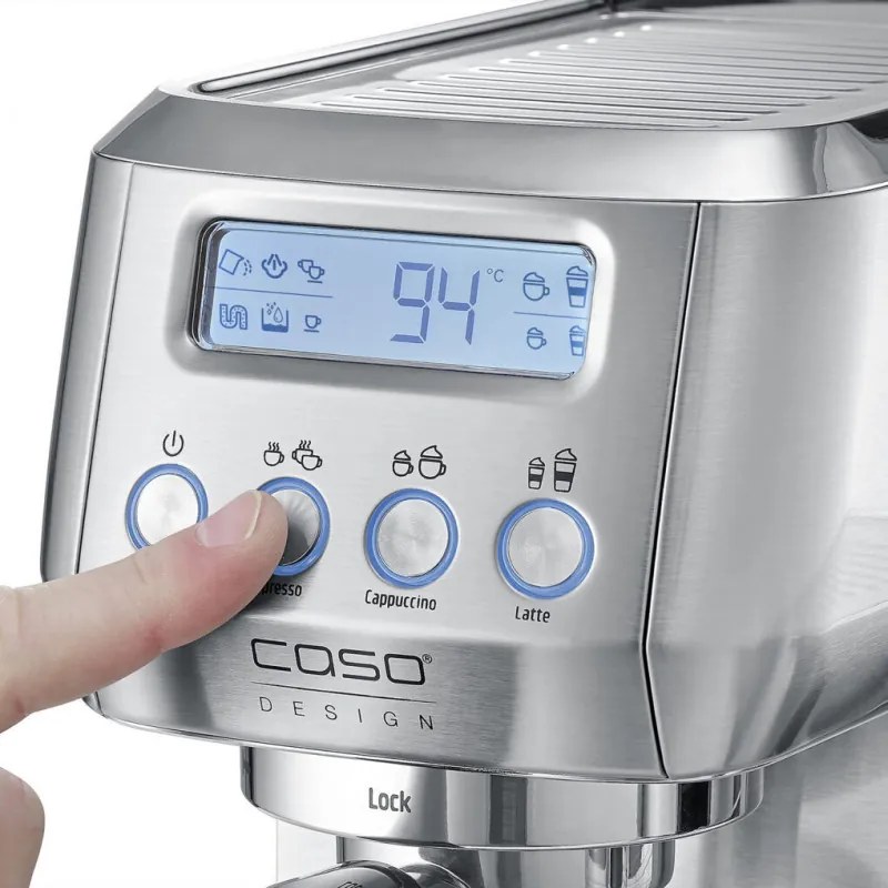 Espressor manual Caso Gourmet Latte, 1350 W, 20 bari, 1,3 l, ULKA, 6 programe, Cafea macinata si paduri ESE, Portafiltru, Spumare lapte cu rezervor incorporat, Otel inoxidabil