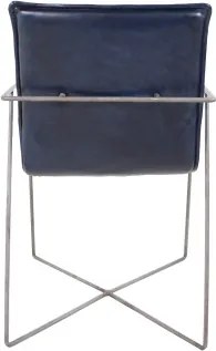 Scaun dining cu brațe tapițat eclectic din piele naturală și metal, albastru, cu cusături în canale și bază în X, 87 x 60 x 53 cm, „Saint-Tropez”