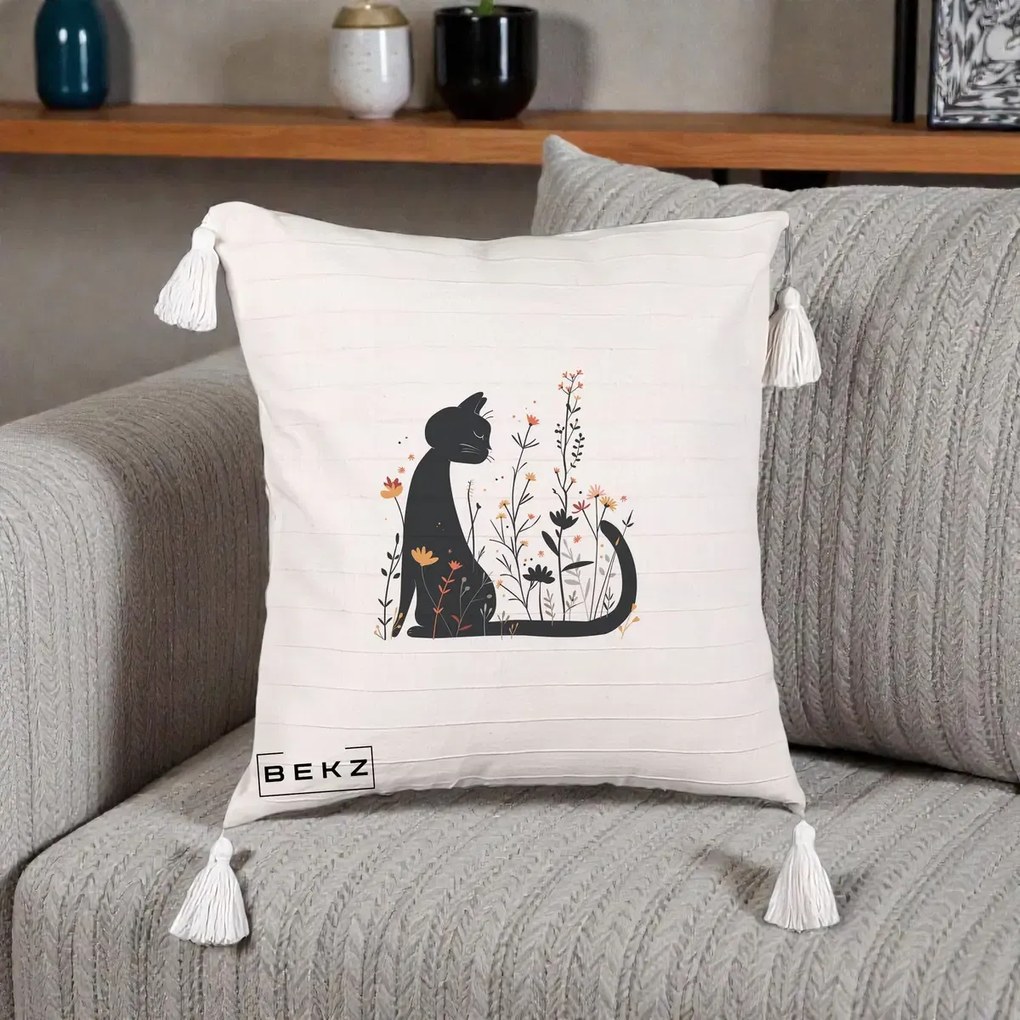 Perna Decorativa Pisica Neagra Flori Portocalii Silueta, 40x40 cm, Bej cu Franjuri, Husa Detasabila, Perna Inclusa, BEKZ®