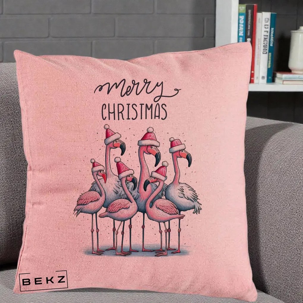 Perna Decorativa Flamingo Merry Christmas, 40x40 cm, Roz, Husa Detasabila, Perna Inclusa, BEKZ®