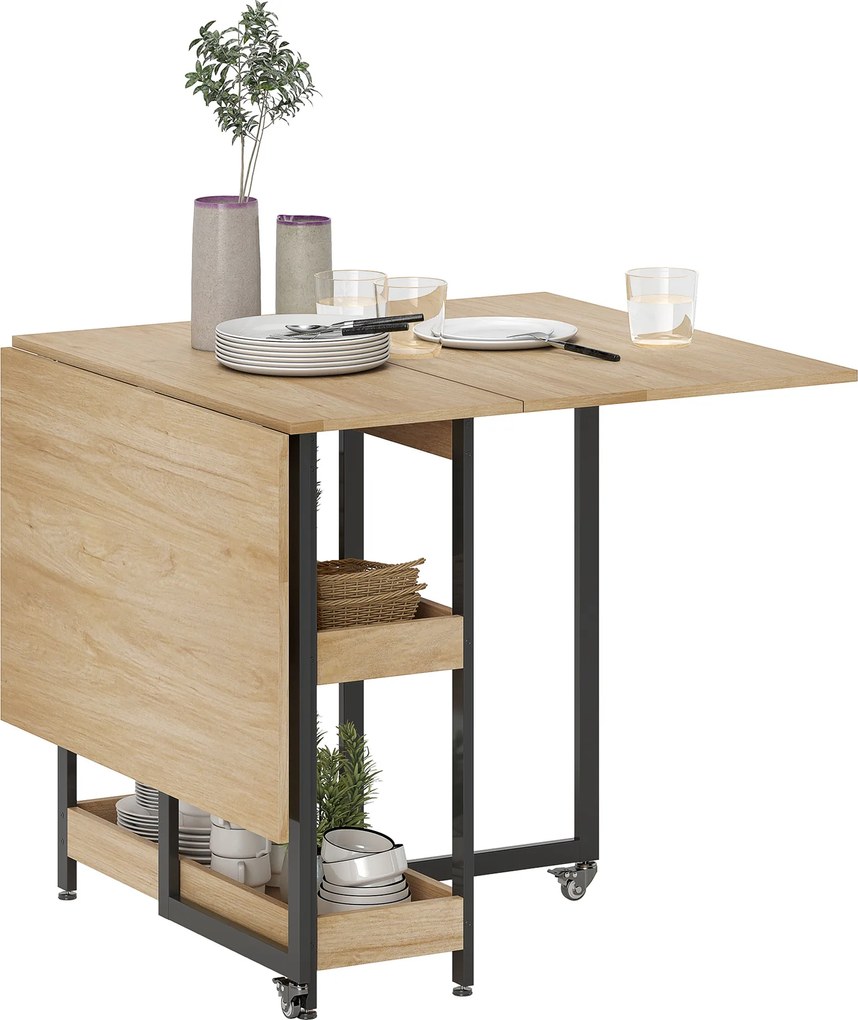 HOMCOM Masă de sufragerie pliabilă pe roți 4 persoane cu compartimente deschise, pentru spații mici, sufragerie, stejar | Aosom Romania