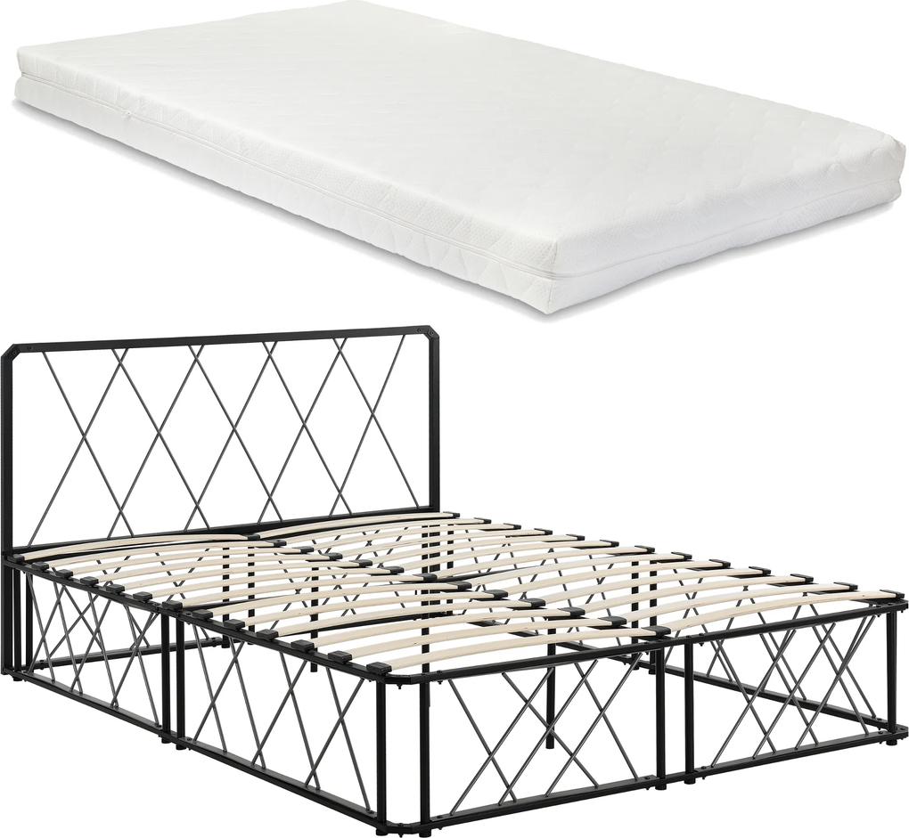 [en.casa]® Rama pat metalic cu saltea - pat frantuzesc - negru (140 x 200cm) - cu gratar pat