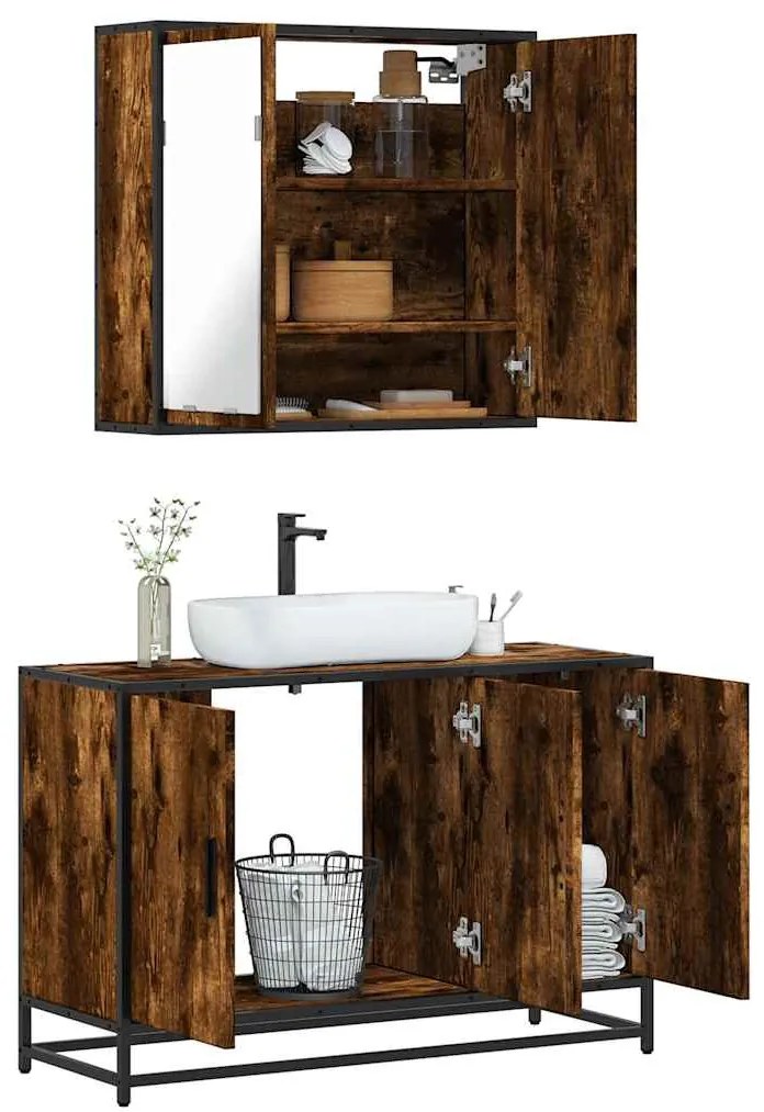 vidaXL Set mobilier de baie, 2 piese, stejar fumuriu, lemn prelucrat