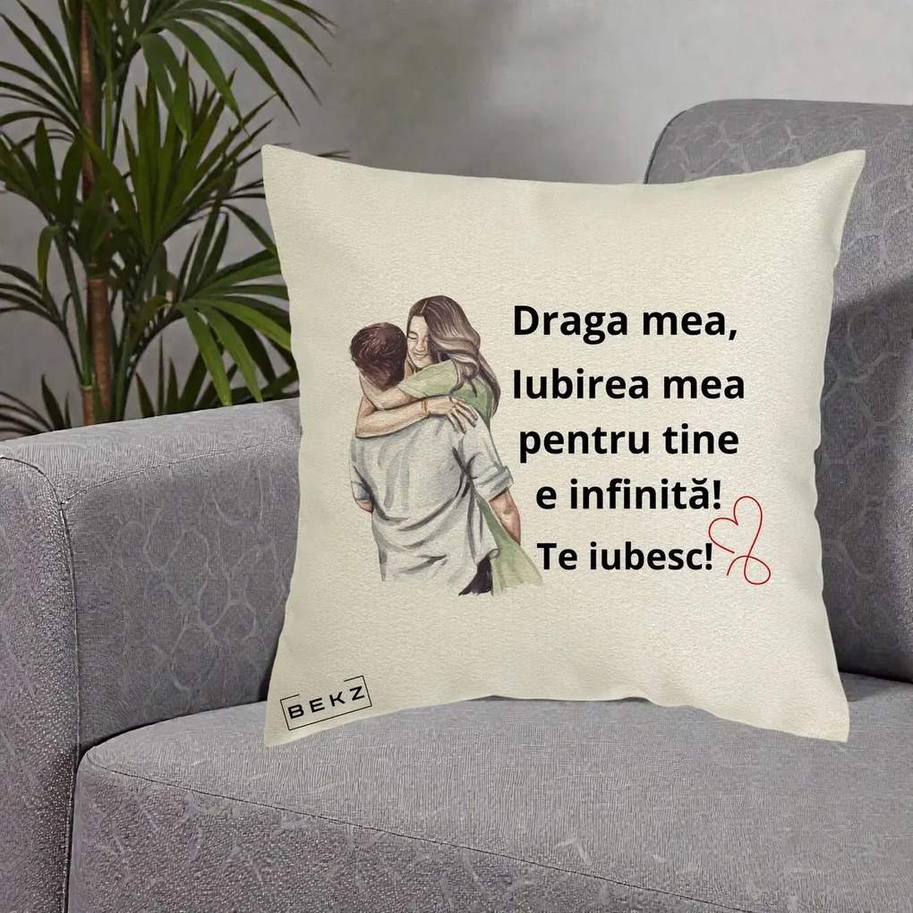Cadou pentru Iubita - Perna Personalizata Draga Mea Iubirea Mea Infinita Te Iubesc cu Cuplu Acuarela, 40x40 cm, Ecru, Husa Detasabila, Perna Inclusa, BEKZ®