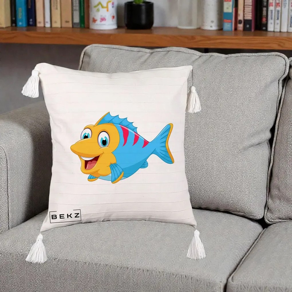 Perna Decorativa Peste Vesel Cartoon, 40x40 cm, Bej cu Franjuri, Husa Detasabila, Perna Inclusa, BEKZ®