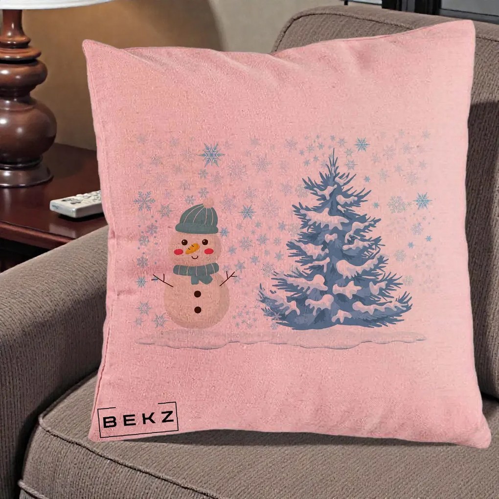 Perna Decorativa Om de Zapada si Brad Craciun, 40x40 cm, Roz, Husa Detasabila, Perna Inclusa, BEKZ®