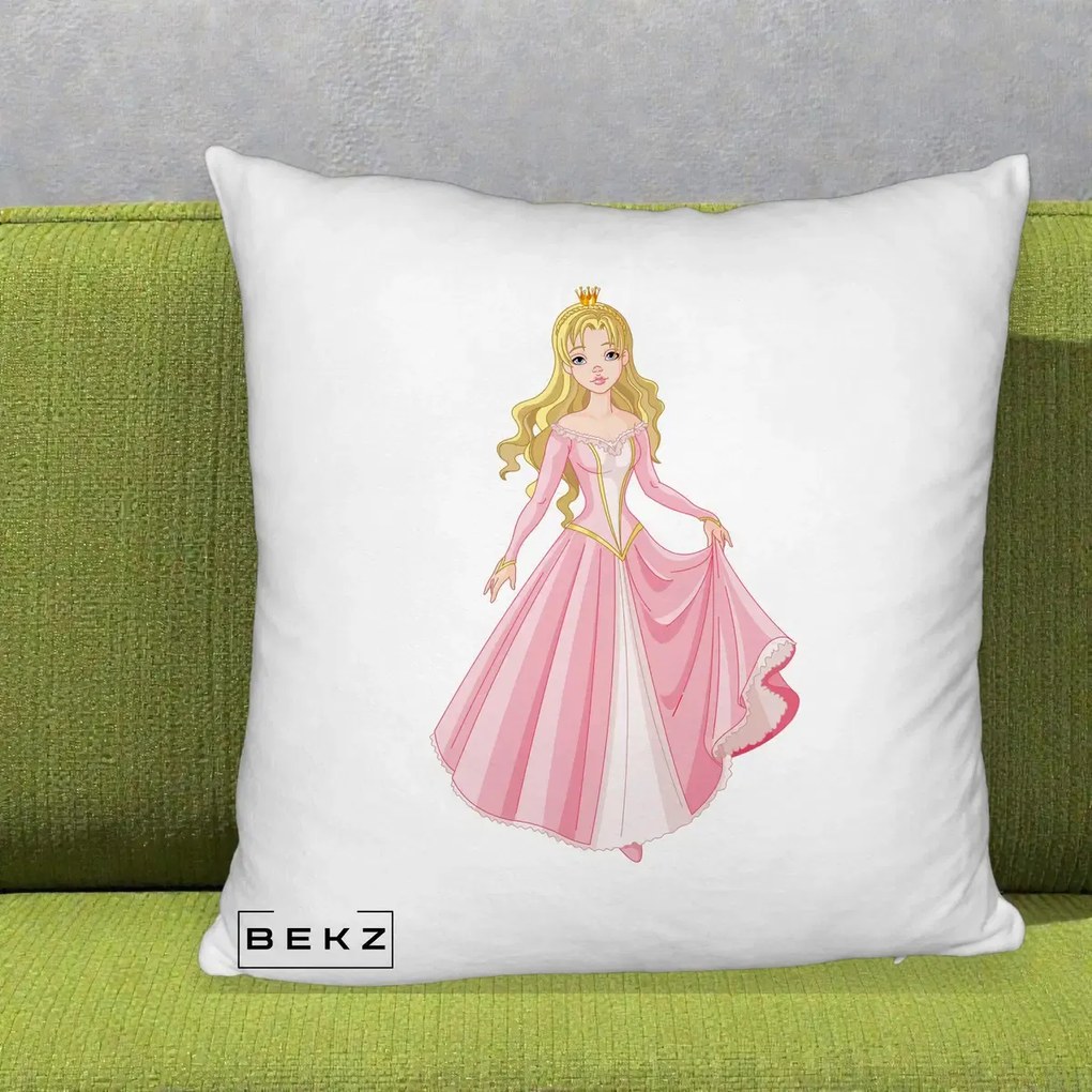 Perna Decorativa Printesa Aurora Rochie Roz, 40x40 cm, Alb Pufos, Husa Detasabila, Perna Inclusa, BEKZ®