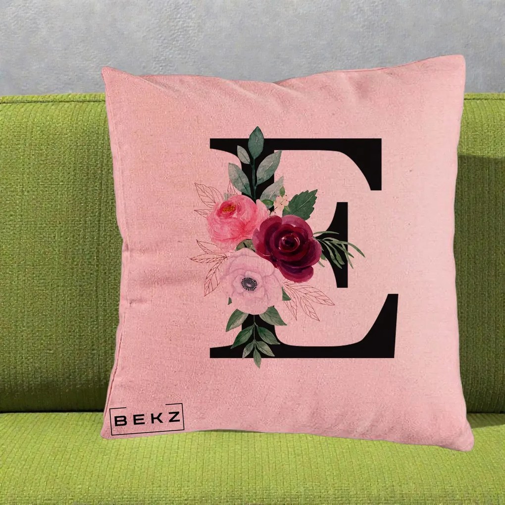 Cadou Personalizat - Perna Personalizata Monograma Florala Litera E, 40x40 cm, Roz, Husa Detasabila, Perna Inclusa, BEKZ®
