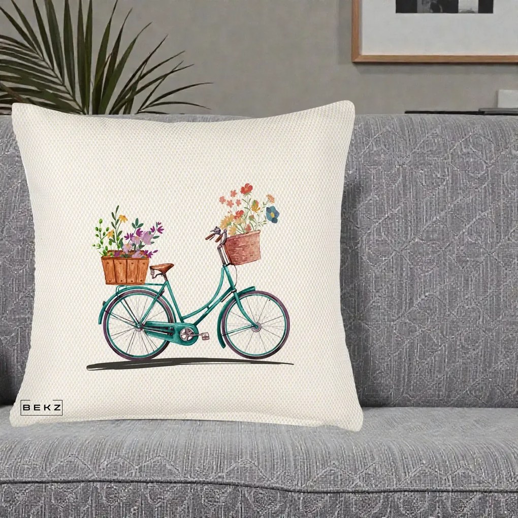 Perna Decorativa Bicicleta Florala Turcoaz Acuarela, 40x40 cm, Crem Reliefat, Husa Detasabila, Perna Inclusa, BEKZ®
