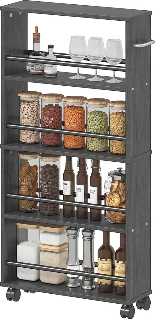 HOMCOM Raft multifuncțional cu roți, design îngust, 4 compartimente, 45x15x91 cm, Negru | Aosom Romania