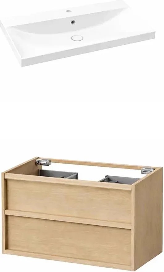 Set dulap baza suspendat KolpaSan Storia 2 sertare 80 cm finisaj acacia cu lavoar ceramic alb