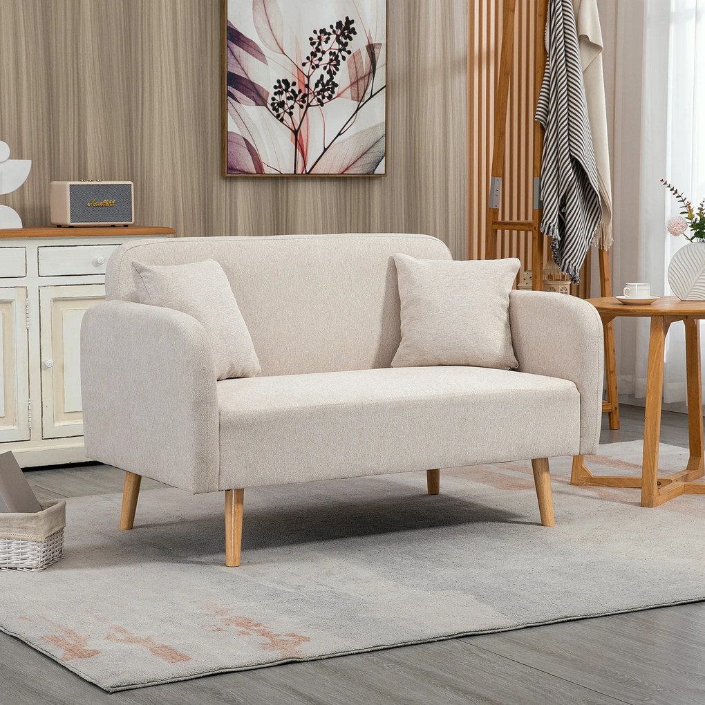 HOMCOM Canapea cu 2 locuri, Canapea, Design Modern, Incl. 2 Perne, Picioare din Lemn, 130 x 70 x 80 cm, Crem | Aosom Romania