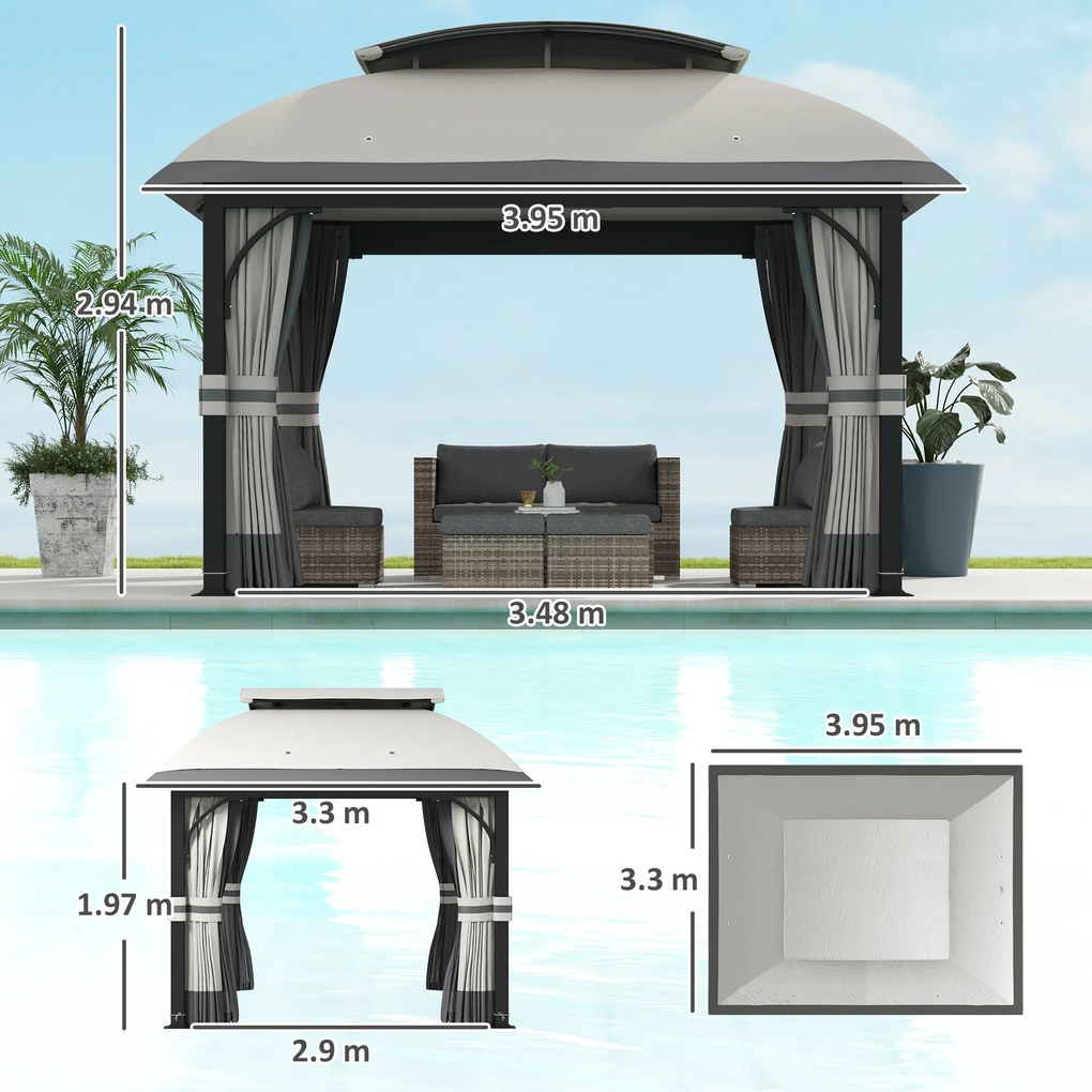 Outsunny Pavilion de Grădină cu Perdele, Plasă, Acoperiș Ventilat și Cadru Metalic Galvanizat, 395x330x294 cm, Gri | Aosom Romania