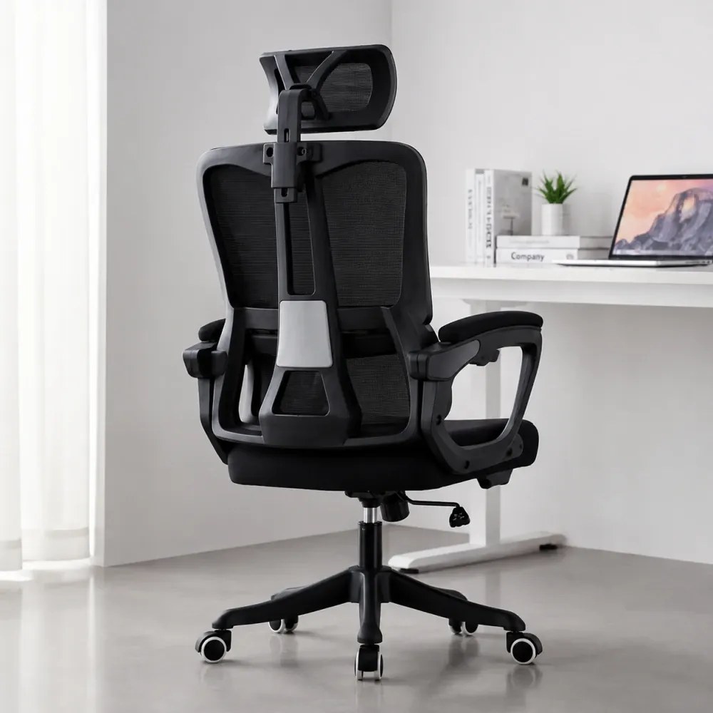 Scaun ergonomic cu suport lombar, tetieră reglabilă, suport pentru picioare, pivotant, Mesh, Negru