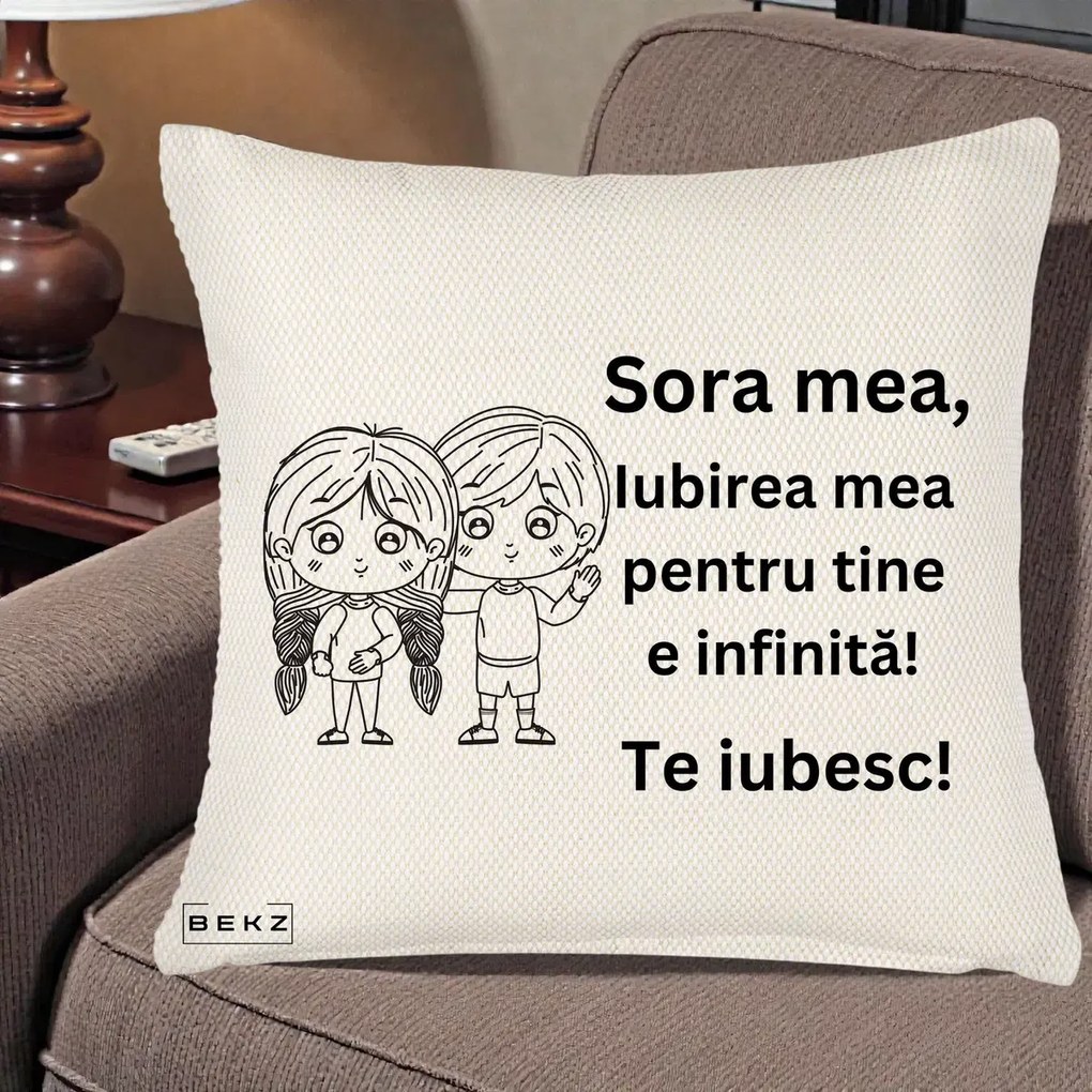 Cadou pentru Sora - Perna Personalizata Sora Mea Te Iubesc Copii Anime Line Art, 40x40 cm, Crem Reliefat, Husa Detasabila, Perna Inclusa, BEKZ®