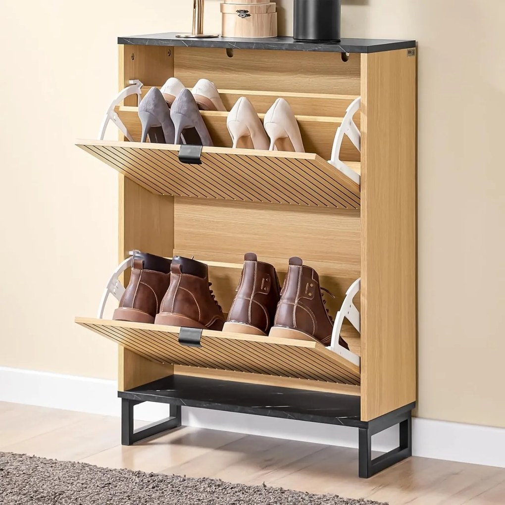 PANM6 - Pantofar 60 cm cu 2 compartimente, pantofare, depozitare pantofi, mobilier hol riflaje - Maro - Negru imitatie de marmura