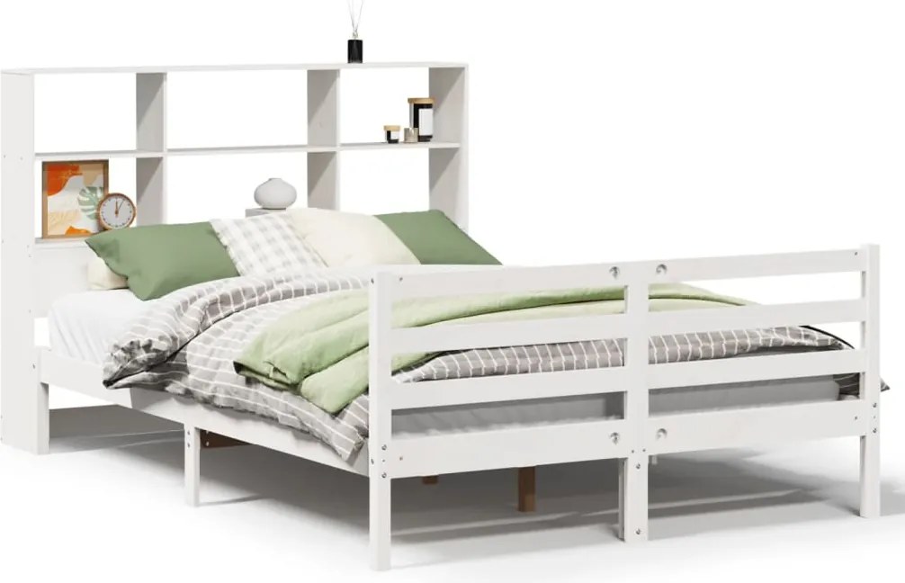 vidaXL Pat cu bibliotecă fără saltea, alb, 140x190 cm, lemn masiv pin