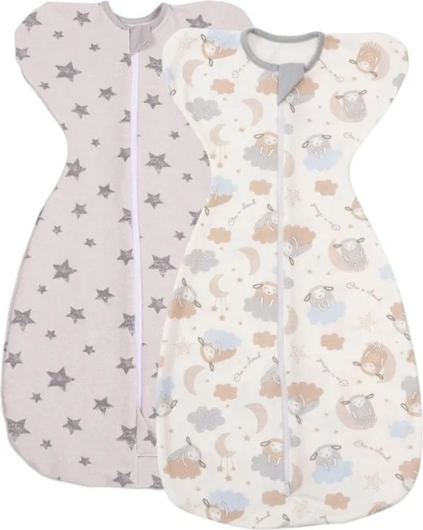 Set 2 sisteme de infasat cu fermoar dublu Kidizi Swaddel Confort Grey Stars Pastel 0-4 luni