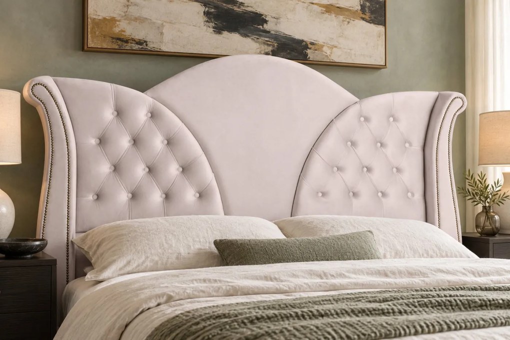 Pat tapițat Chesterfield din catifea Velora Deluxe Classic 140×200 cm, crem, cu ladă de depozitare