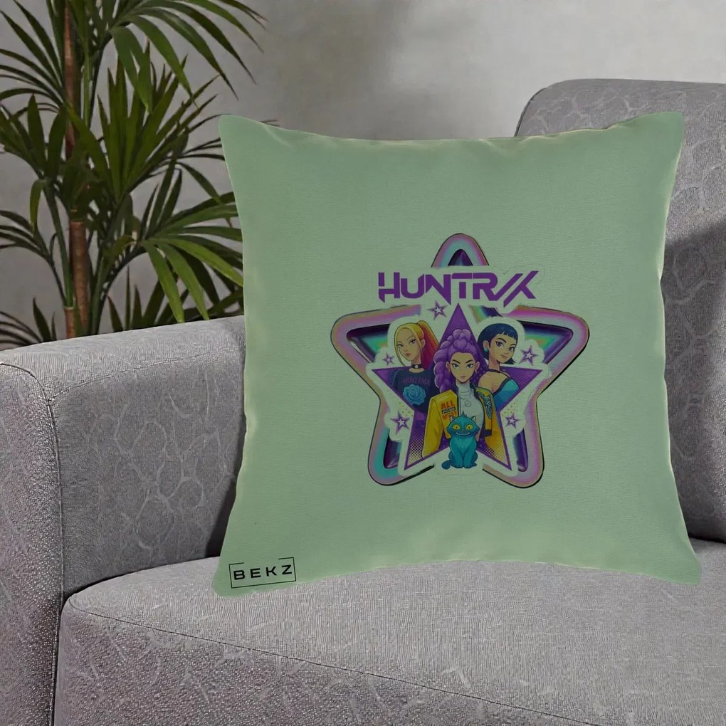 Perna Personalizata K-pop HUNTRX Trio Stea cu Pisica, 40x40 cm, Verde, Husa Detasabila, Perna Inclusa, BEKZ®