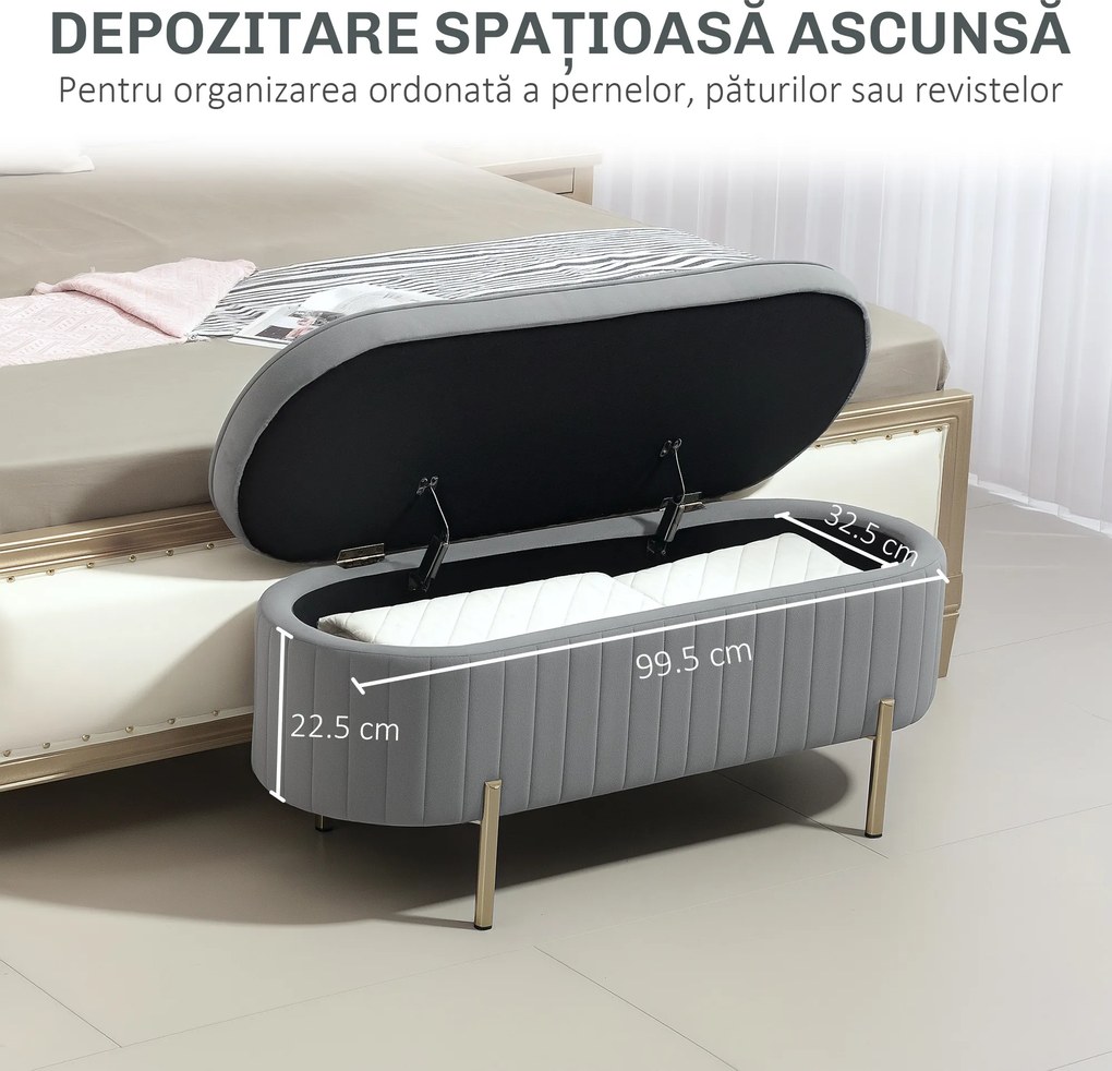 HOMCOM Bancă de Depozitare pentru Intrare Ovală 72L cu Design Scanalat, Capac Ridicabil și Șezut Capitonat, Bancă de la Capătul Patului Pouf în Catifea și Picioare de Lemn de Pin, 108x44x43.5 cm, Gri | Aosom Romania