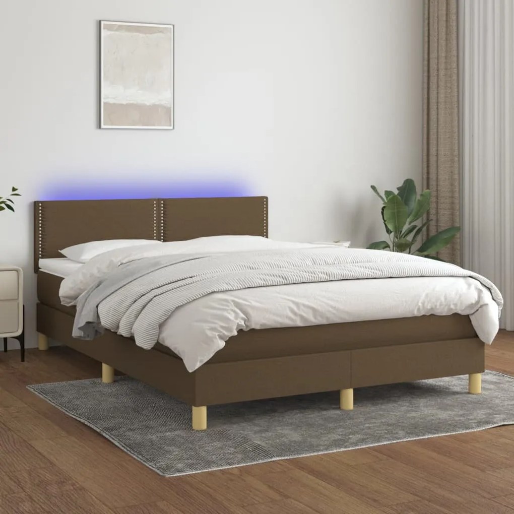 vidaXL Pat cu arcuri, saltea și LED, maro închis, 140x190 cm, textil
