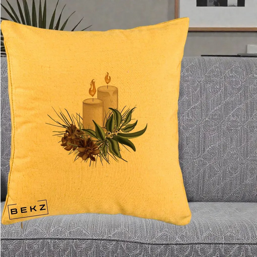 Perna Decorativa Lumanari cu Ilex si Conuri Ilustratie, 40x40 cm, Galben, Husa Detasabila, Perna Inclusa, BEKZ®