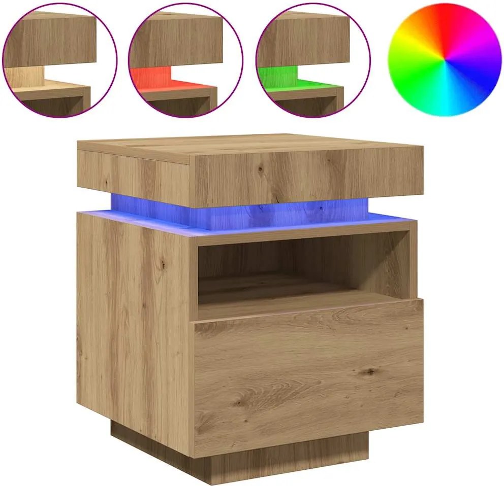 vidaXL Noptiere cu lumini LED, 2 buc., stejar artizanal, 40x39x48,5 cm