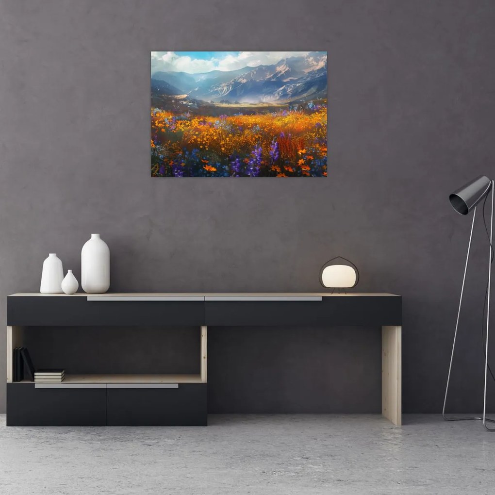 Tablou pe sticlă - Peisaj montan pictat II. (70x50 cm)