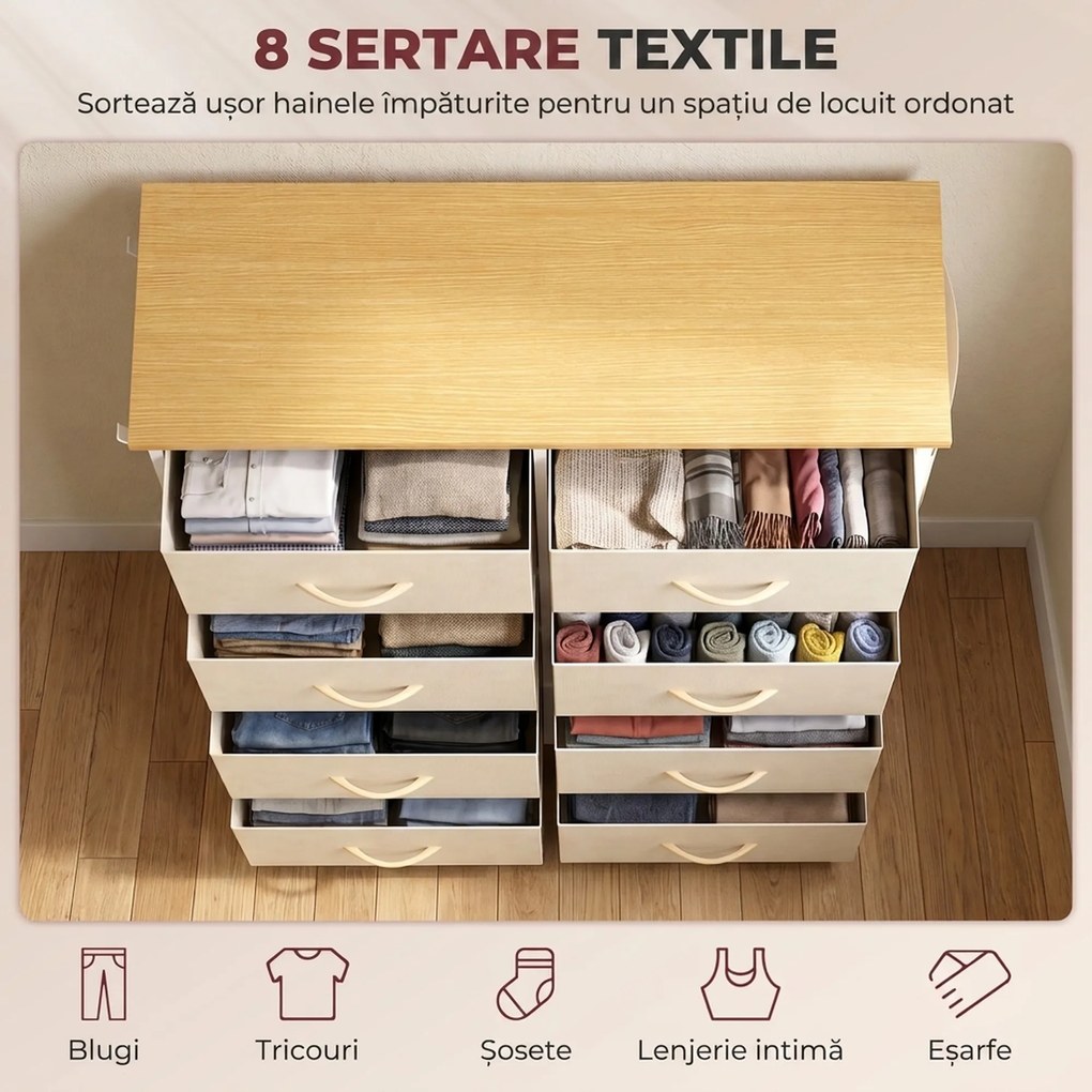 HOMCOM Comodă cu 8 sertare textile, structură din oțel, bej | Aosom Romania