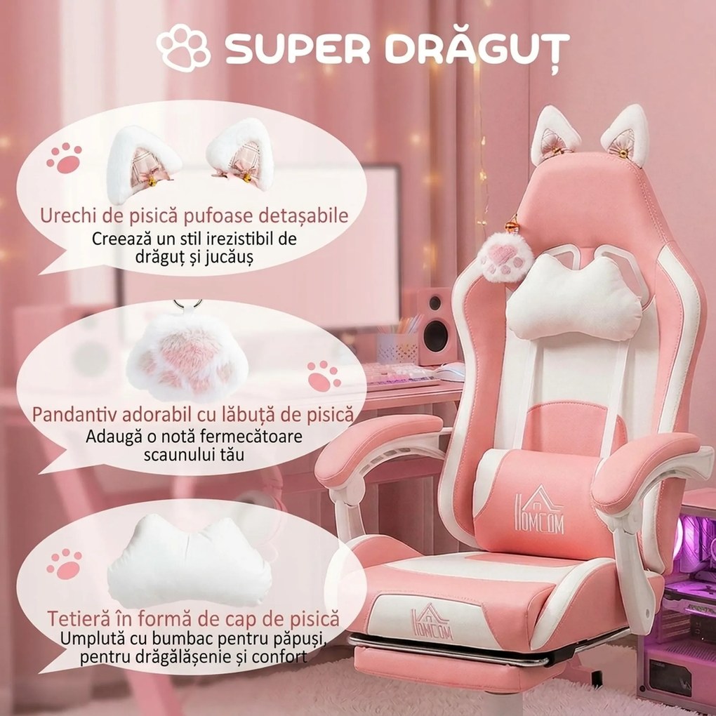 HOMCOM Scaun de Gaming Ergonomic cu Urechi de Pisică, Suport pentru Picioare și Suport Lombar, 65x62x116-124 cm, Roz | Aosom Romania