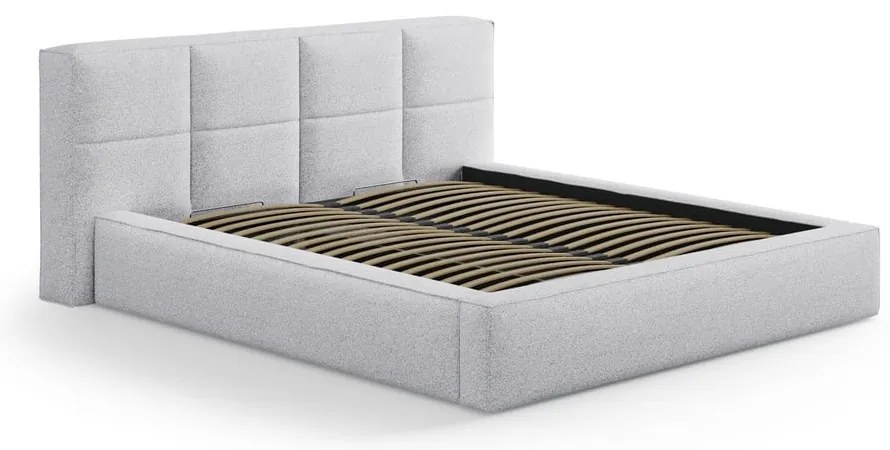 Pat matrimonial gri deschis tapițat cu spațiu de depozitare cu somieră 160x200 cm Simon – Micadoni