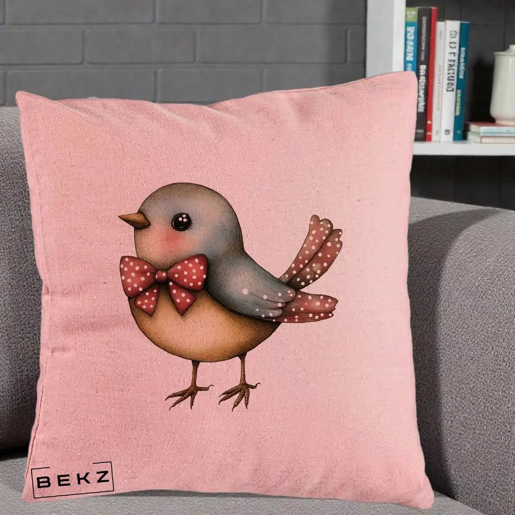 Perna Decorativa Pasare Bleu cu Fundita Rosie, 40x40 cm, Roz, Husa Detasabila, Perna Inclusa, BEKZ®