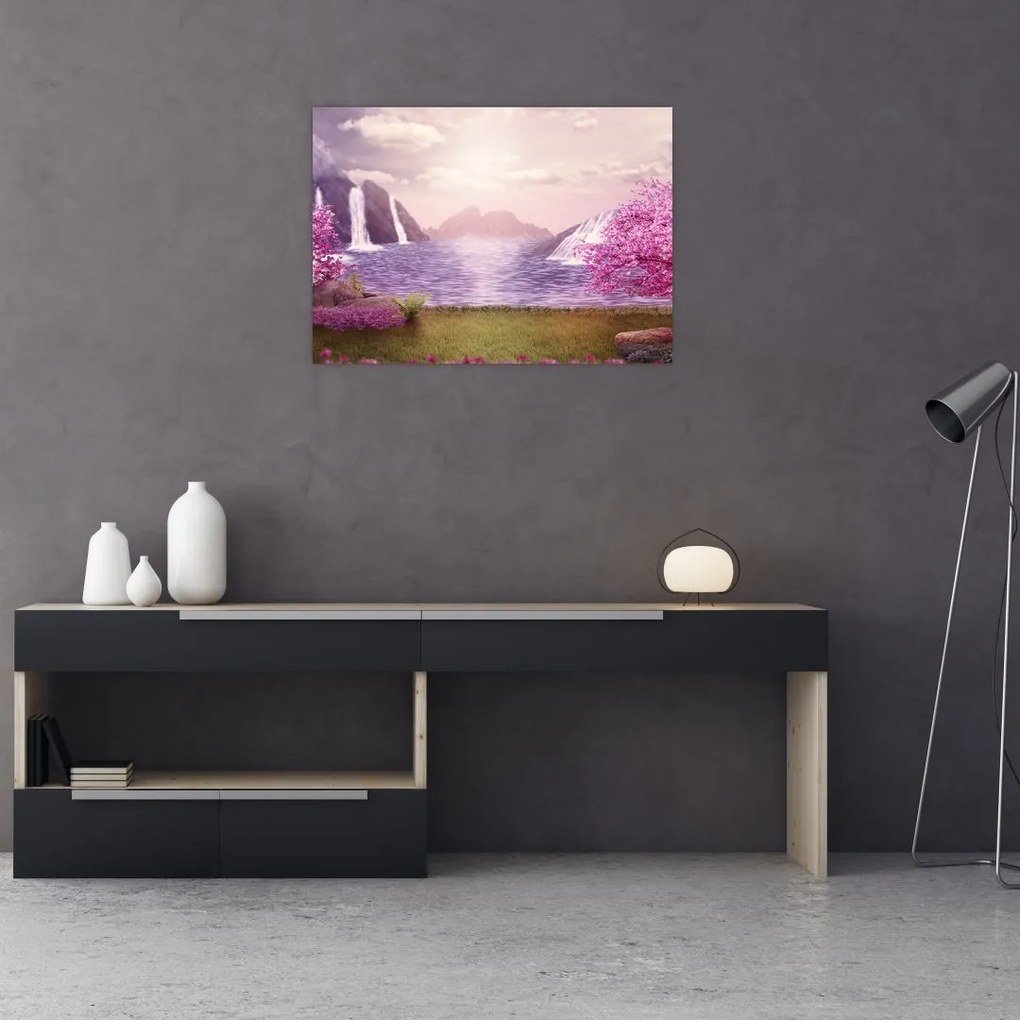 Tablou pe sticlă cu pomi roz cu lac (70x50 cm)