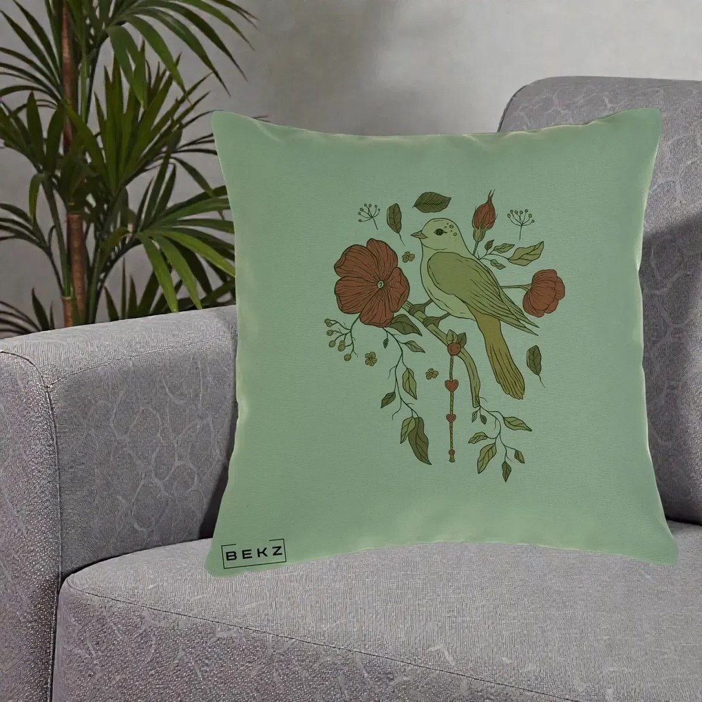 Perna Decorativa Pasare pe Ramura cu Maci, 40x40 cm, Verde, Husa Detasabila, Perna Inclusa, BEKZ®