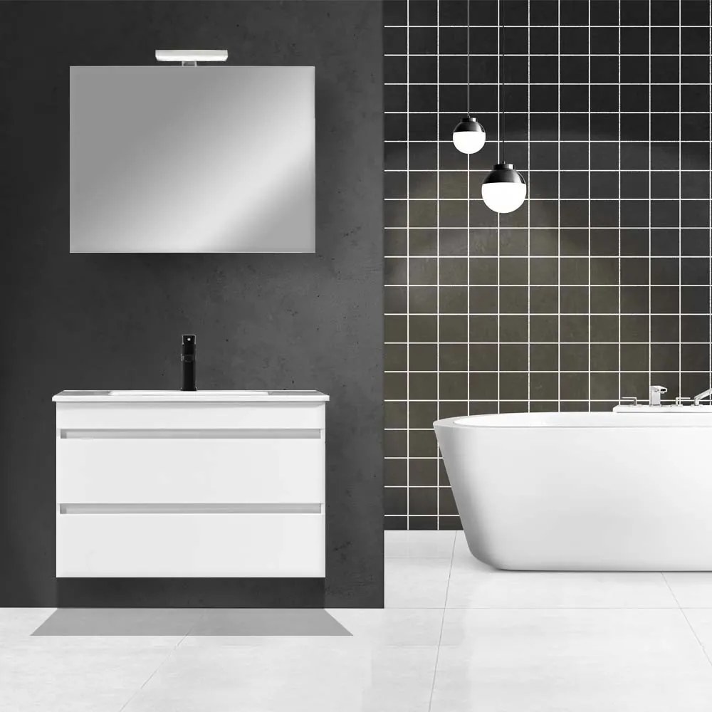 Mobilier de baie Cube 80 cm cu lavoar ceramic (2 sertare) și oglindă 60x80 cm vopsit în alb lucios