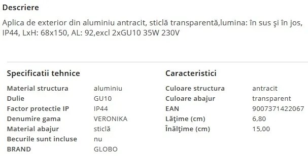 Aplica exterior ambientala moderna lumina sus / jos IP44 VERONIKA