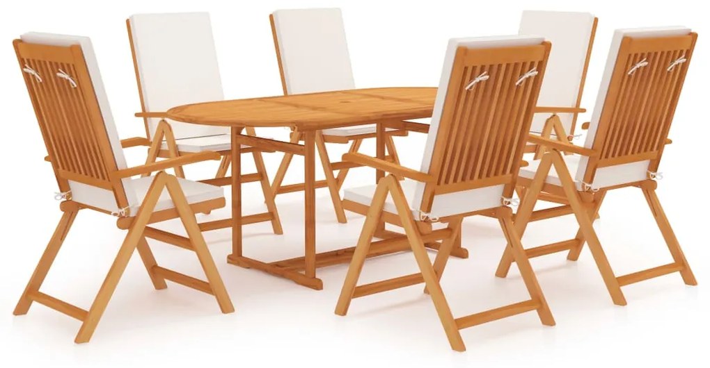 Set mobilier de gradina cu perne, 7 piese, lemn masiv de tec Crem, Oval, 7